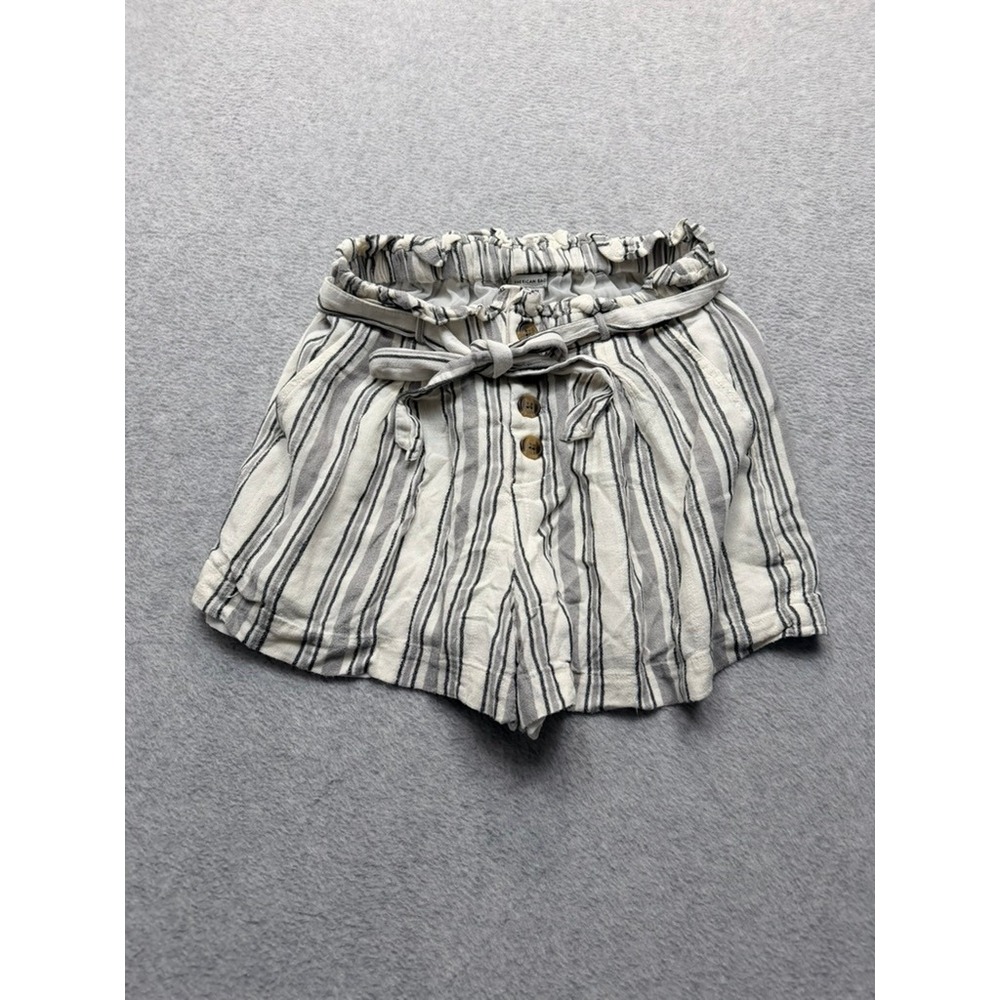 American Eagle Striped Paperbag Waist Shorts Grey White Linen Blend Small